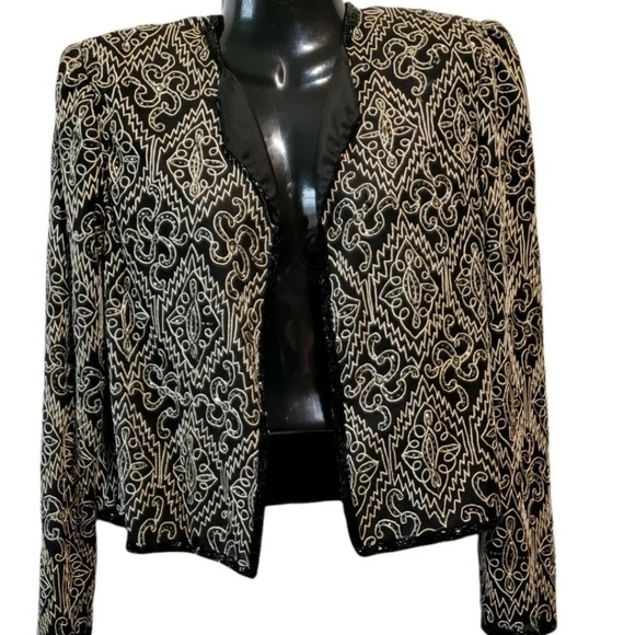 825 Vtg 100% Silk Formal Bolero Jacket Blazer Embroidered Bead Embellished - Picture 1 of 4
